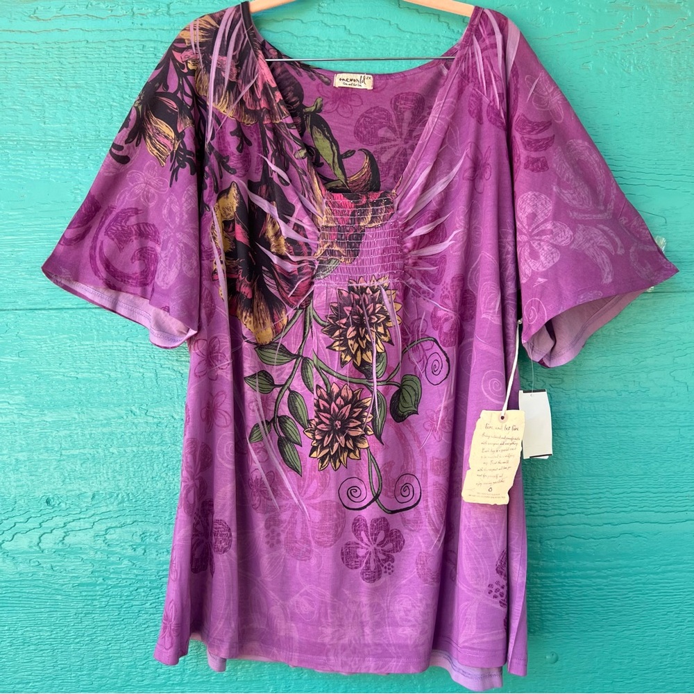 One World Boho Purple Floral Smocked Top V-Neck | Size 2X | NWT